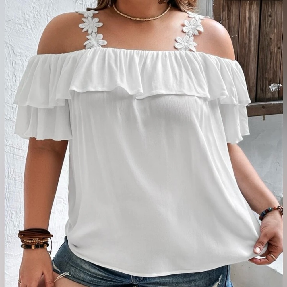 NEW 4 XL SHEIN VCAY Plus Appliques Cold Shoulder Ruffle Trim Blouse
